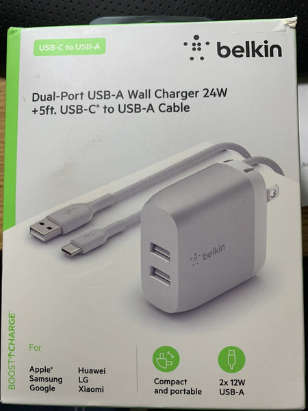 BELKIN DUAL-PORT 24W USB-A CABLE  | NEW