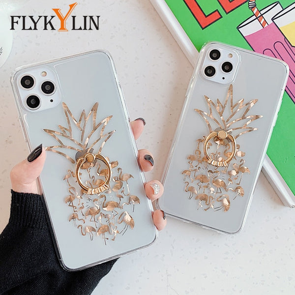 Ring Stand Plating Gold Pineapple Case For iphone 12 11 Pro Max Mini XR XS 7 8 Plus SE