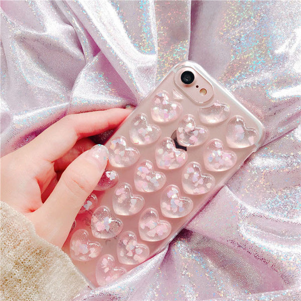 Luxury 3D Glitter Love Heart Peach Phone Cases For iphone 7 6 6s Plus Case Bling Transparent Clear Soft TPU GEL Back Cover Coque